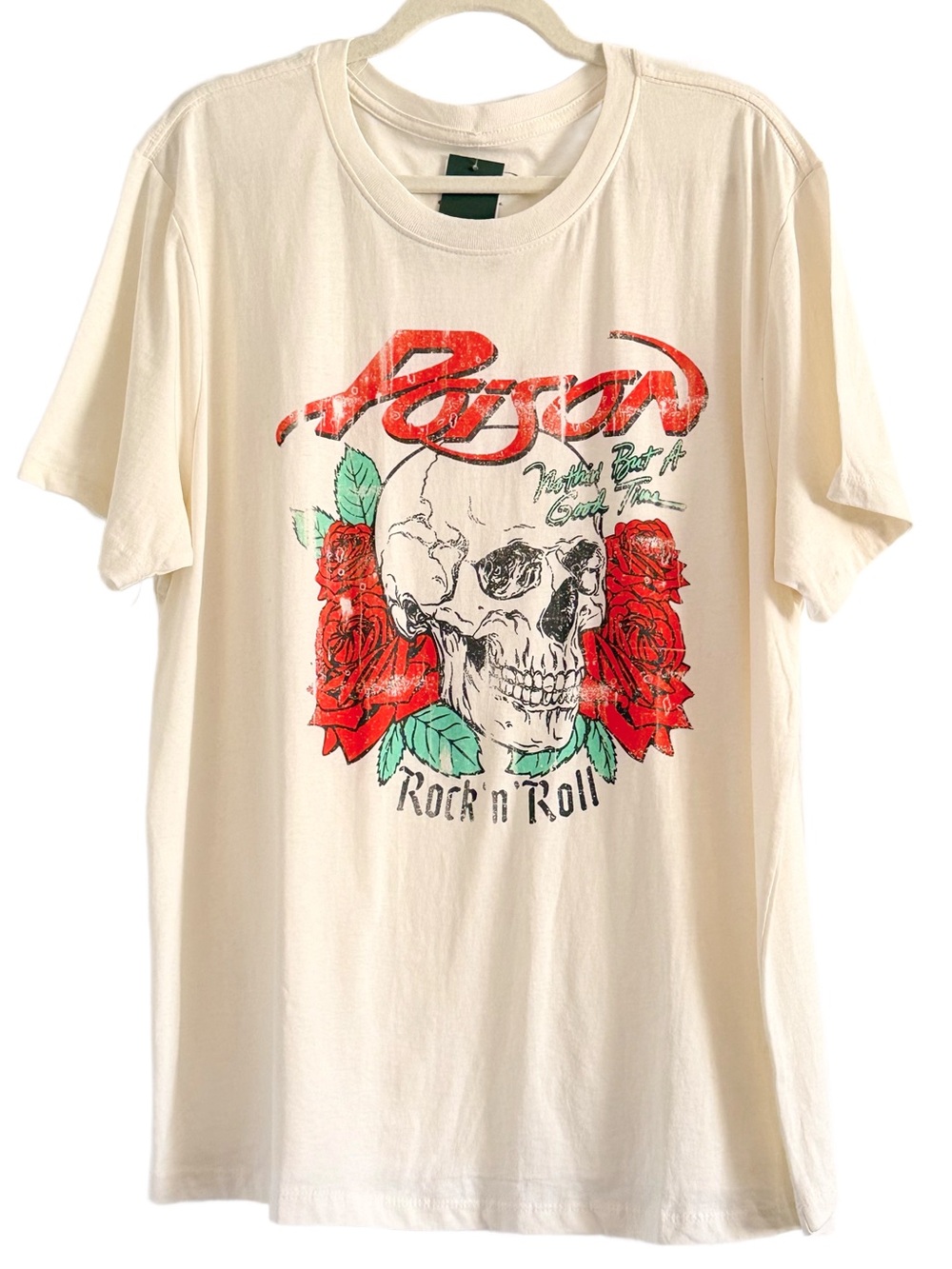 Poison Rock 'n' Roll Graphic Tee - Cream with Red & Green Design 1X